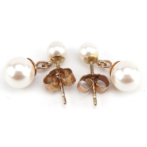 3587 - Pair of 9ct gold cultured pearl drop earrings, 1.5cm high, 1.3g