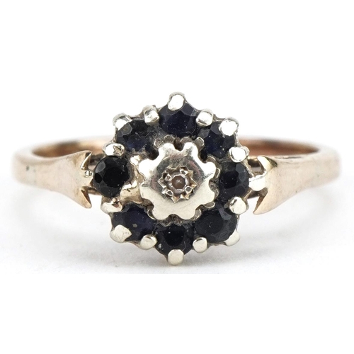 3152 - Unmarked gold diamond and sapphire cluster ring, size P, 2.5g