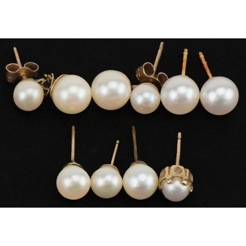 3650 - Three pairs of 9ct gold pearl earrings and two others, the largest 2cm high, total 5.3g