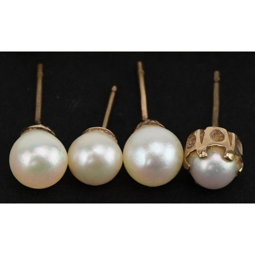 3650 - Three pairs of 9ct gold pearl earrings and two others, the largest 2cm high, total 5.3g