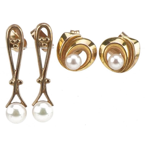 3554 - Two pairs of 9ct gold cultured pearl earrings, the largest 2.4cm high, total 3.3g