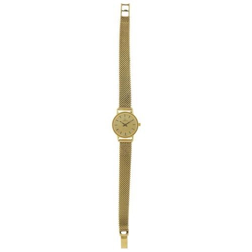 3048 - Omega, ladies 18ct gold wristwatch with 9ct gold strap with paperwork and Garrard & Co box, 21mm in ... 