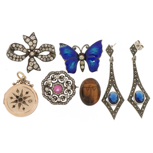 3099 - Antique and later jewellery including a pair of Art Deco style silver marcasite and blue stone earri... 