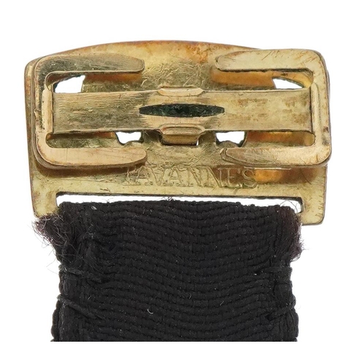 3631 - Antique 9ct gold, diamond and pearl black silk mourning armband, 23cm in length, total weight 2.7g