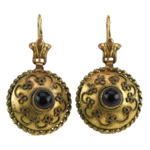 3070 - Pair of Victorian yellow metal cabochon garnet drop earrings, 3cm high, 6.8g