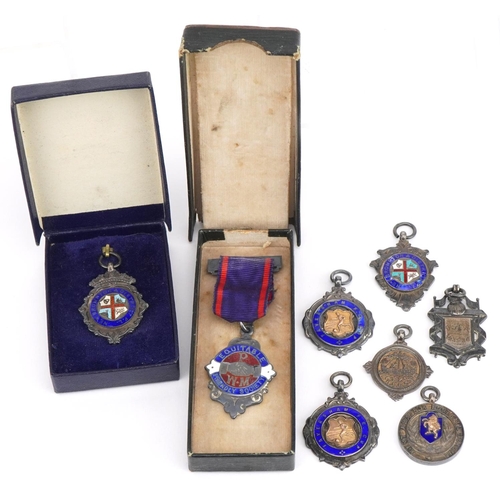 3417 - Seven silver sports jewels, six with enamel including Equitable Friendly Society, New Brompton Distr... 