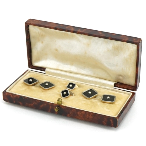 3138 - Set of Art Deco 18ct gold and 9ct gold gentlemen's dress studs and cufflinks with black enamel and s... 