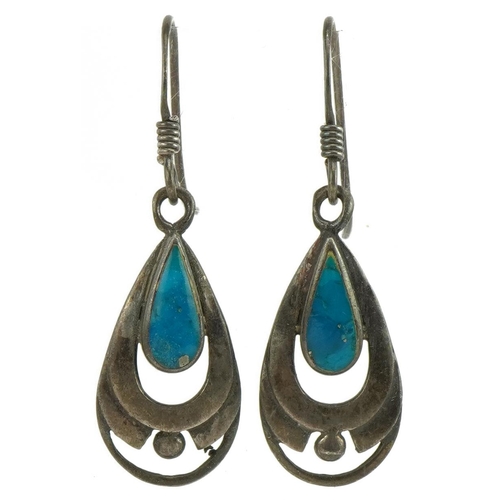 3680 - Pair of Arts & Crafts style silver and blue enamel drop earrings, 3.4cm high, 2.8g