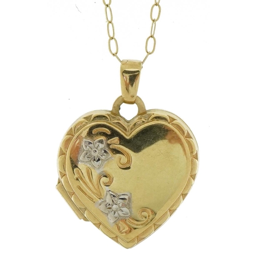 3603 - 9ct two tone gold love heart locket on a 9ct gold necklace, 2cm high and 44cm in length, 1.5g