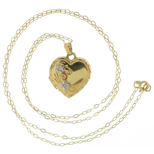 3603 - 9ct two tone gold love heart locket on a 9ct gold necklace, 2cm high and 44cm in length, 1.5g