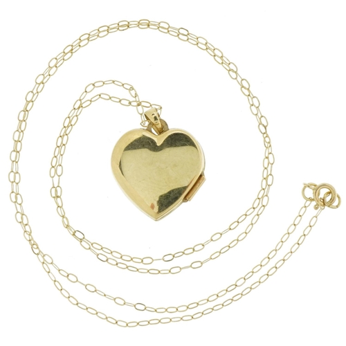 3603 - 9ct two tone gold love heart locket on a 9ct gold necklace, 2cm high and 44cm in length, 1.5g