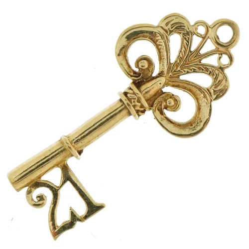 3470 - 9ct gold number 21 key charm, 3.1cm high, 1.9g