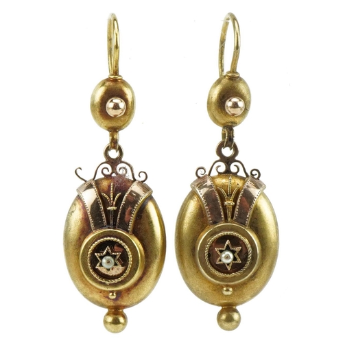 3040 - Pair of Victorian unmarked gold seed pearl drop earrings, tests as 9ct gold, 4.5cm high, 3.4g