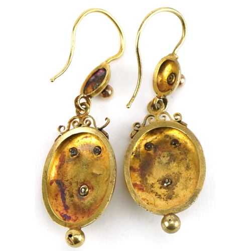 3040 - Pair of Victorian unmarked gold seed pearl drop earrings, tests as 9ct gold, 4.5cm high, 3.4g