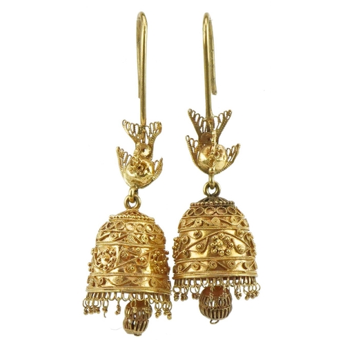 3029 - Pair of antique design unmarked gold bell and bird design filigree drop earrings, tests as 15ct gold... 