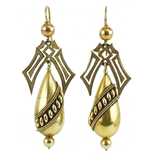 3016 - Pair of Victorian unmarked gold drop earrings, tests as 15ct gold, 5.5cm high, 8.7g