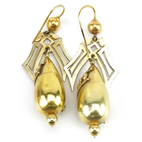 3016 - Pair of Victorian unmarked gold drop earrings, tests as 15ct gold, 5.5cm high, 8.7g