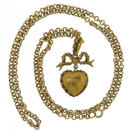 3583 - Antique paste love heart and bow pendant on a gilt metal Belcher link necklace, 3cm high and 60cm in... 