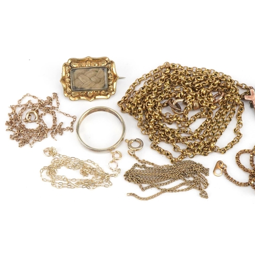 3589 - Georgian and later yellow metal jewellery including a mourning brooch, longuard chain, drop earrings... 