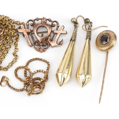 3589 - Georgian and later yellow metal jewellery including a mourning brooch, longuard chain, drop earrings... 