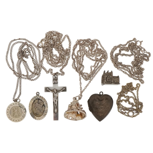 3625 - Silver and white metal jewellery including necklaces, pendants, love heart locket and opening church... 