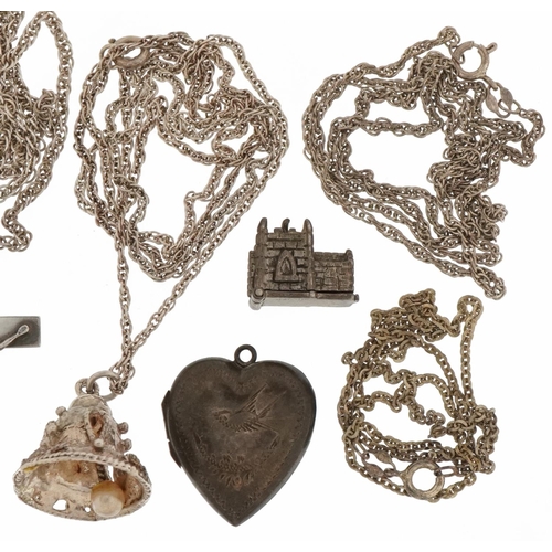 3625 - Silver and white metal jewellery including necklaces, pendants, love heart locket and opening church... 