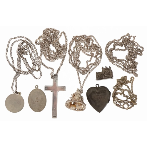 3625 - Silver and white metal jewellery including necklaces, pendants, love heart locket and opening church... 