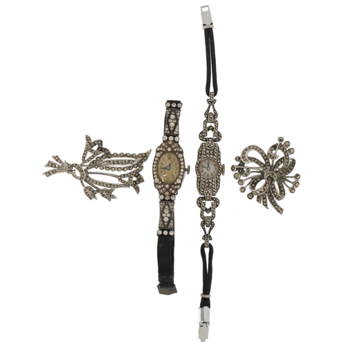 3593 - Silver jewellery comprising ladies Art Deco wristwatch set with clear stones, silver marcasite cockt... 