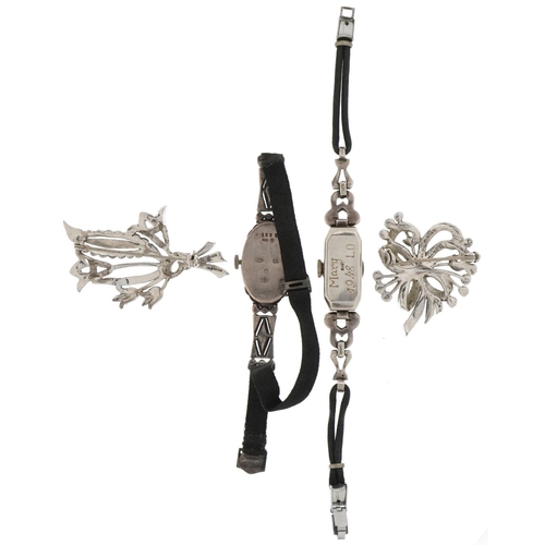 3593 - Silver jewellery comprising ladies Art Deco wristwatch set with clear stones, silver marcasite cockt... 