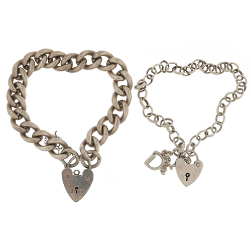 3443 - Two silver bracelets with silver love heart padlocks, 72.2g