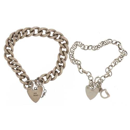 3443 - Two silver bracelets with silver love heart padlocks, 72.2g