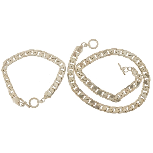 3409 - Unmarked silver curb link necklace with matching bracelet, 40cm and 18cm in length, 61.6g