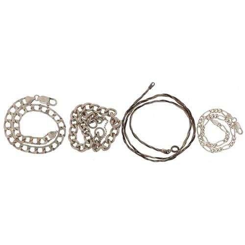 3426 - Three silver bracelets and a silver flattened weave link necklace, 49.0g