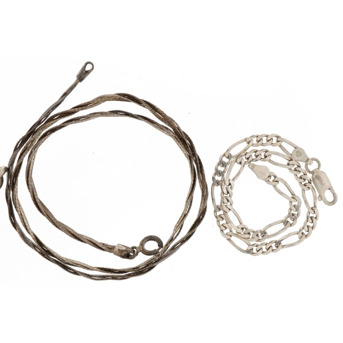 3426 - Three silver bracelets and a silver flattened weave link necklace, 49.0g