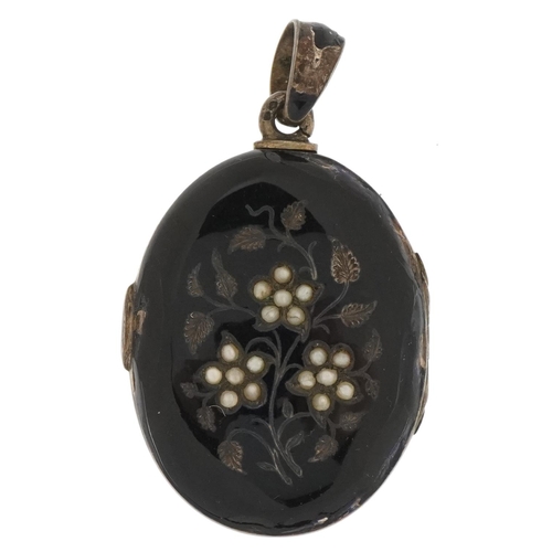 3166 - Victorian silver gilt, black enamel and seed pearl mourning locket, M & S maker's mark, indistinct h... 