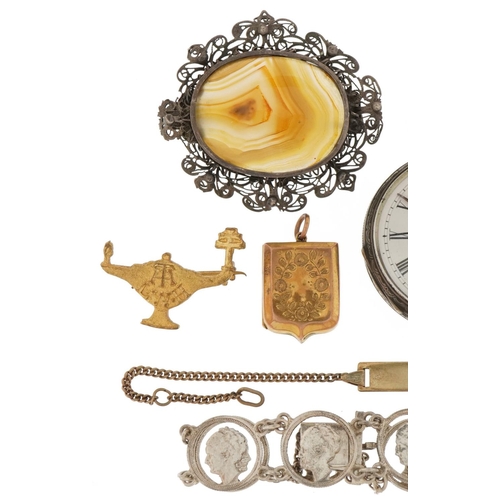 3505 - Antique and later jewellery including a 9ct gold back and front shield shaped locket, butterfly wing... 