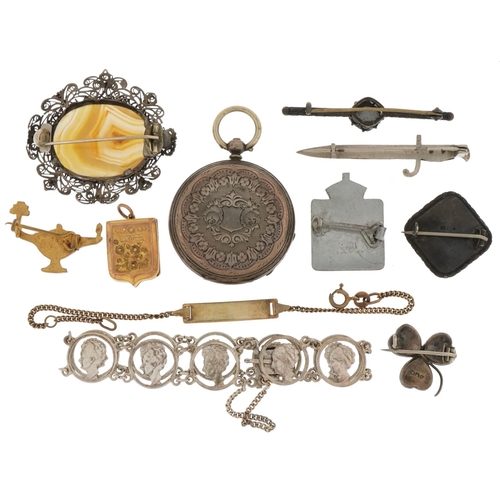 3505 - Antique and later jewellery including a 9ct gold back and front shield shaped locket, butterfly wing... 