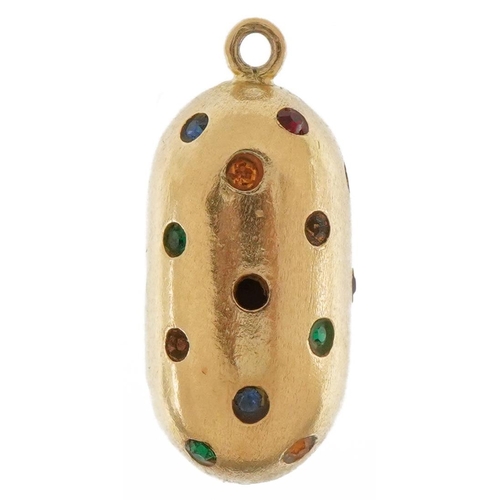 3394 - Yellow metal charm set with colourful stones, 2.2cm high, 2.2g