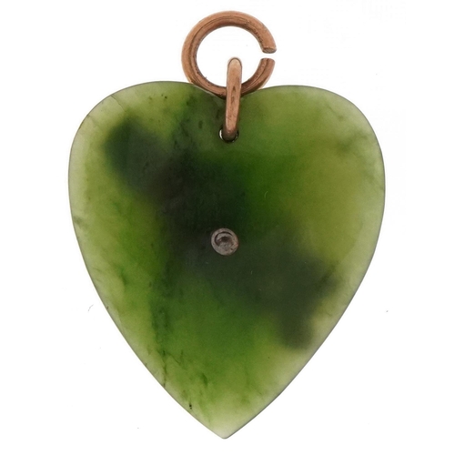 3544 - Kia Ora New Zealand gold mounted green spinach jade love heart pendant, 3.6cm high, 9.2g