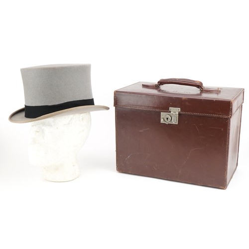 478 - Scott & Co top hat housed in a brown leatherette travel box, the top hat interior size 21cm x 17cm