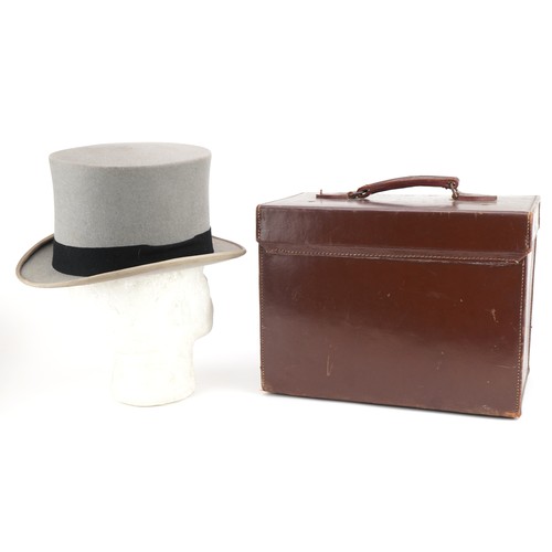 478 - Scott & Co top hat housed in a brown leatherette travel box, the top hat interior size 21cm x 17cm