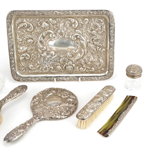 326 - Edwardian silver dressing table tray and six silver mounted dressing table items including hand mirr... 