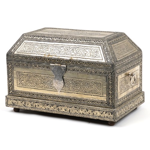 2667 - Large Indian white metal table casket with mirrored hinged lid and carrying handles impressed with f... 