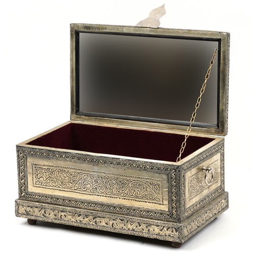 2667 - Large Indian white metal table casket with mirrored hinged lid and carrying handles impressed with f... 