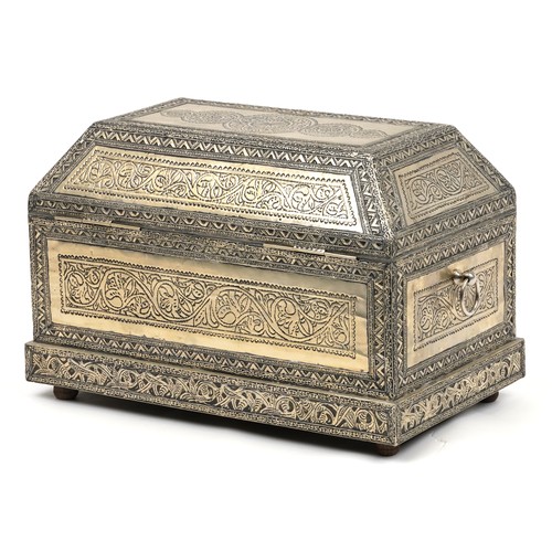 2667 - Large Indian white metal table casket with mirrored hinged lid and carrying handles impressed with f... 