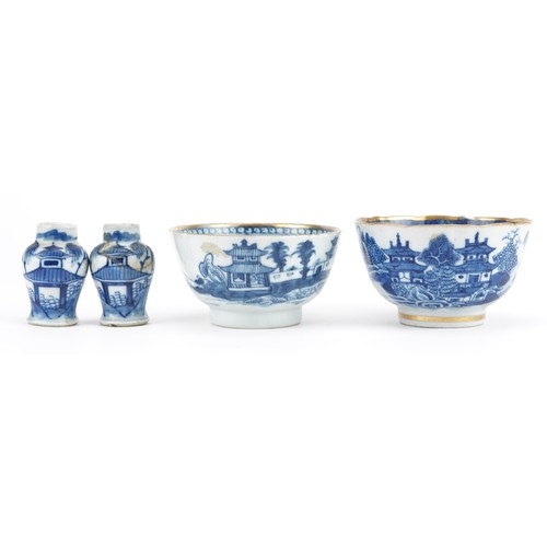 2575 - Chinese blue and white porcelain the comprising pair of baluster vases and two tea bowls, the larges... 