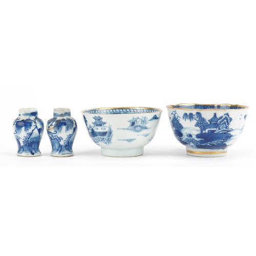 2575 - Chinese blue and white porcelain the comprising pair of baluster vases and two tea bowls, the larges... 