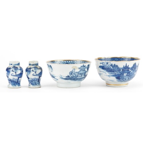 2575 - Chinese blue and white porcelain the comprising pair of baluster vases and two tea bowls, the larges... 