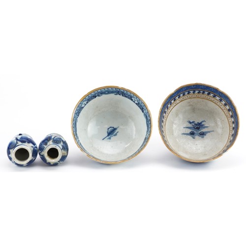 2575 - Chinese blue and white porcelain the comprising pair of baluster vases and two tea bowls, the larges... 