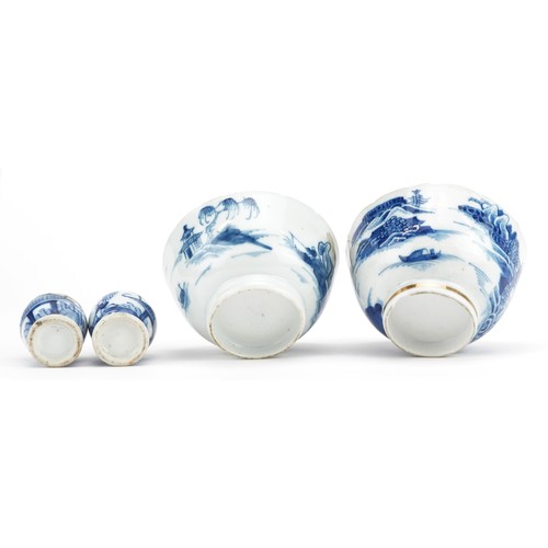 2575 - Chinese blue and white porcelain the comprising pair of baluster vases and two tea bowls, the larges... 